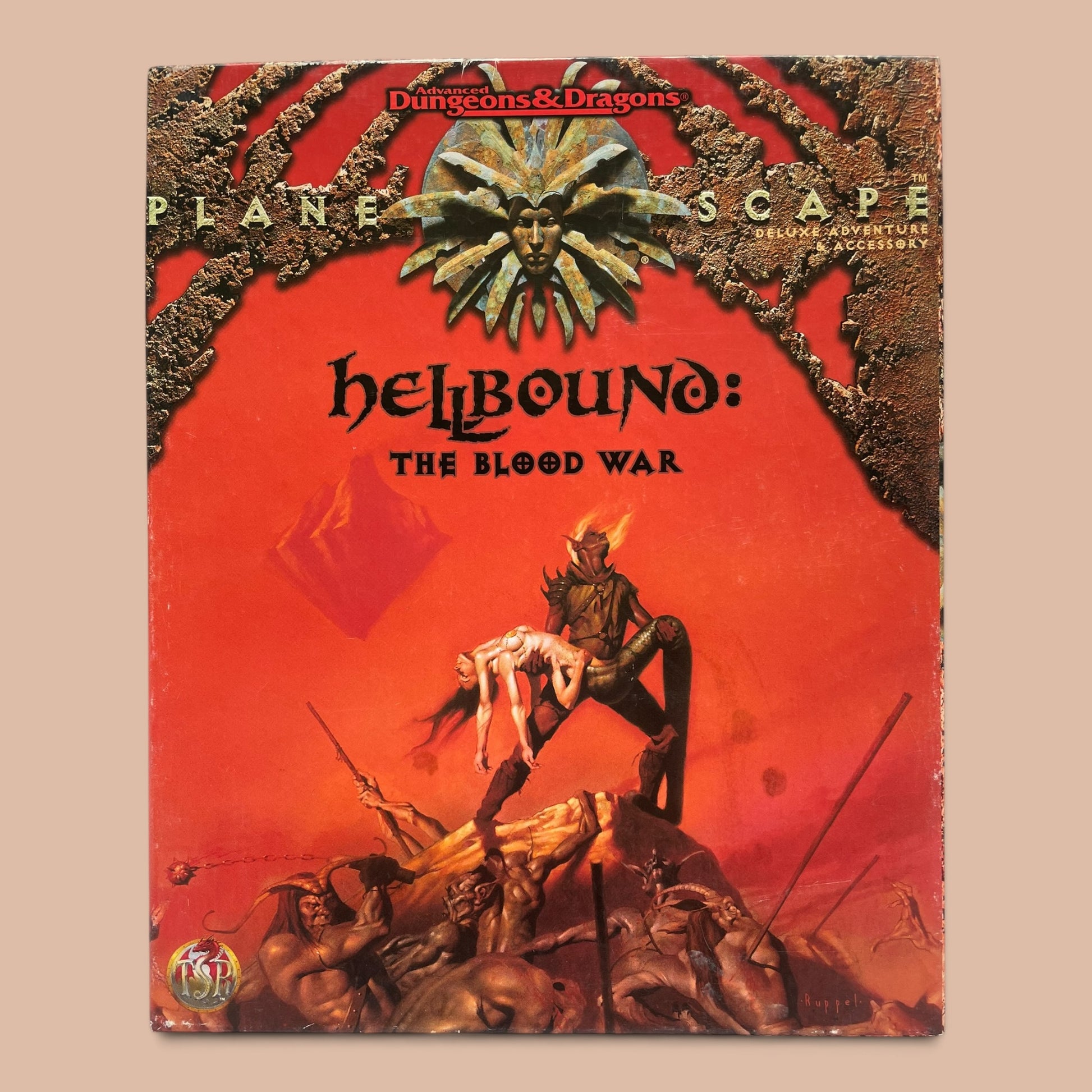 Dungeons & Dragons: Plane Scape Hellbound: The Blood War deluxe accessory book cover, displayed against a solid beige background.