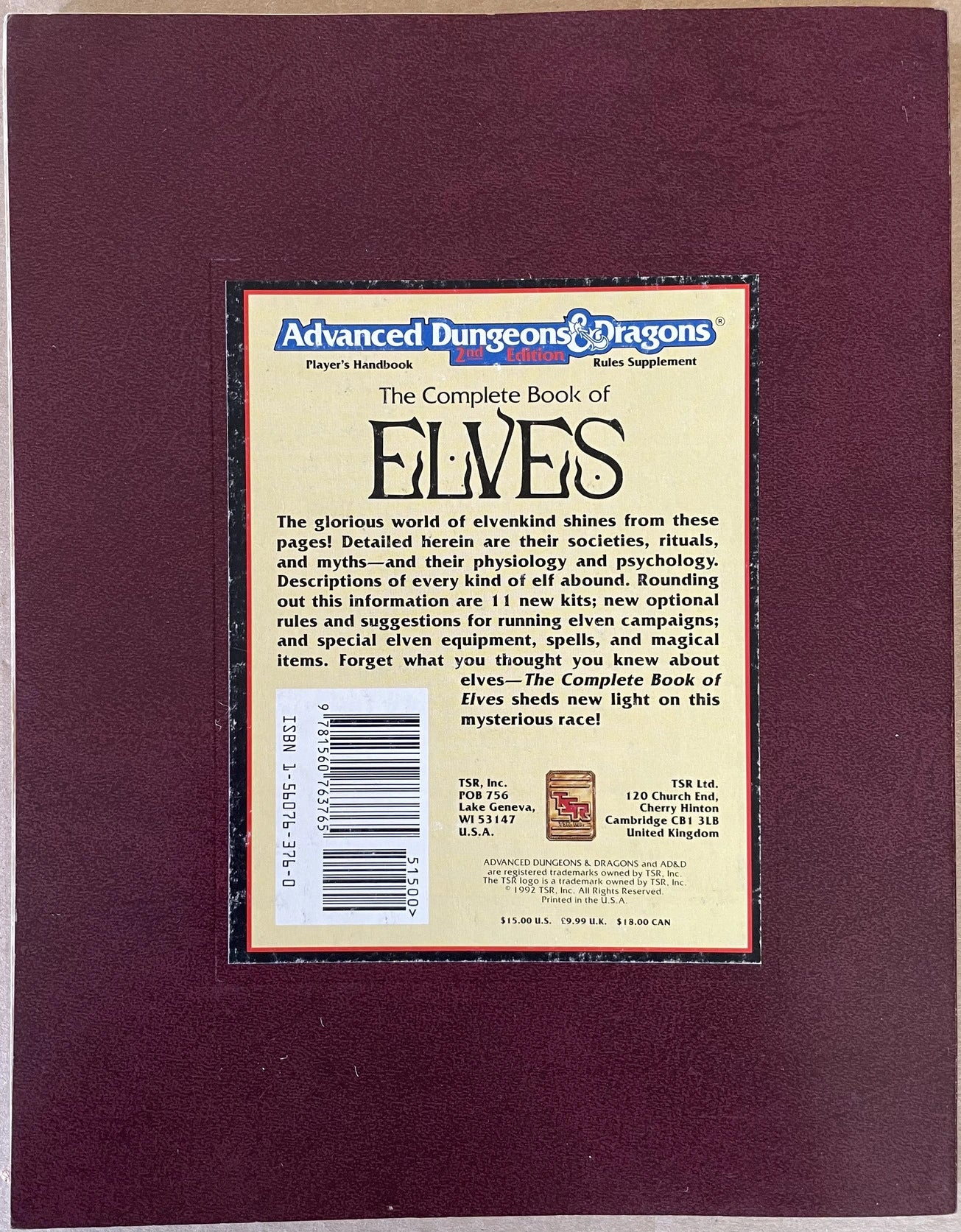 The Complete Book of Elves PHBR8 2131 AD&D 2e - Lichyard Games