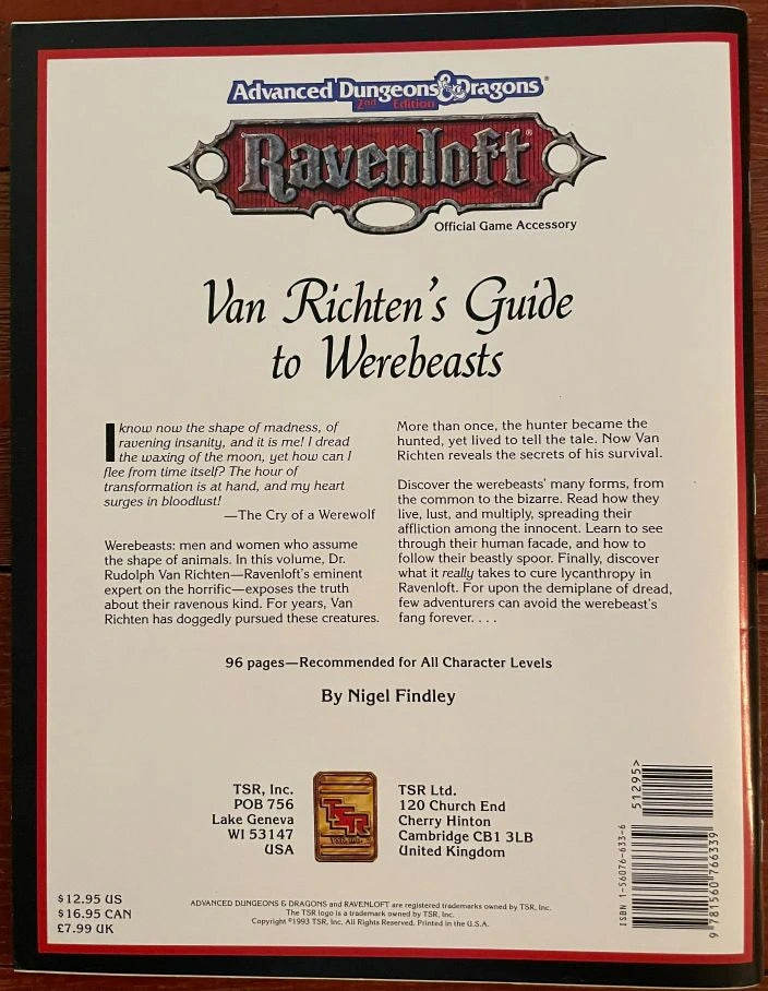 Van Richten's Guide to Werebeasts Ravenloft RR7 9416 AD&D - Lichyard Games