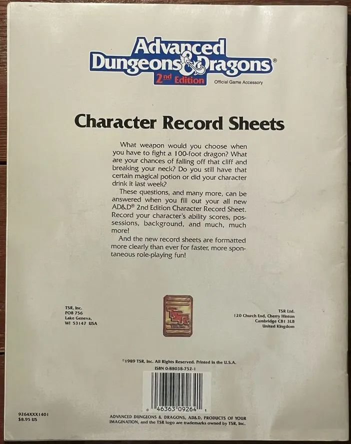 Character Record Sheets REF2 9264 Advanced Dungeons & Dragons 2e - Lichyard Games