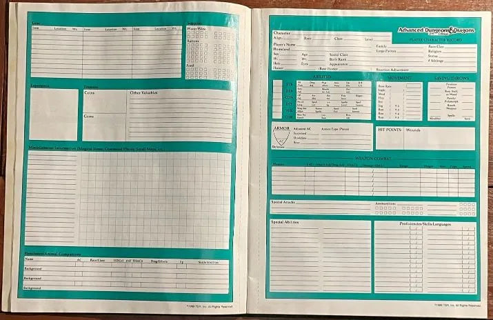 Character Record Sheets REF2 9264 Advanced Dungeons & Dragons 2e - Lichyard Games
