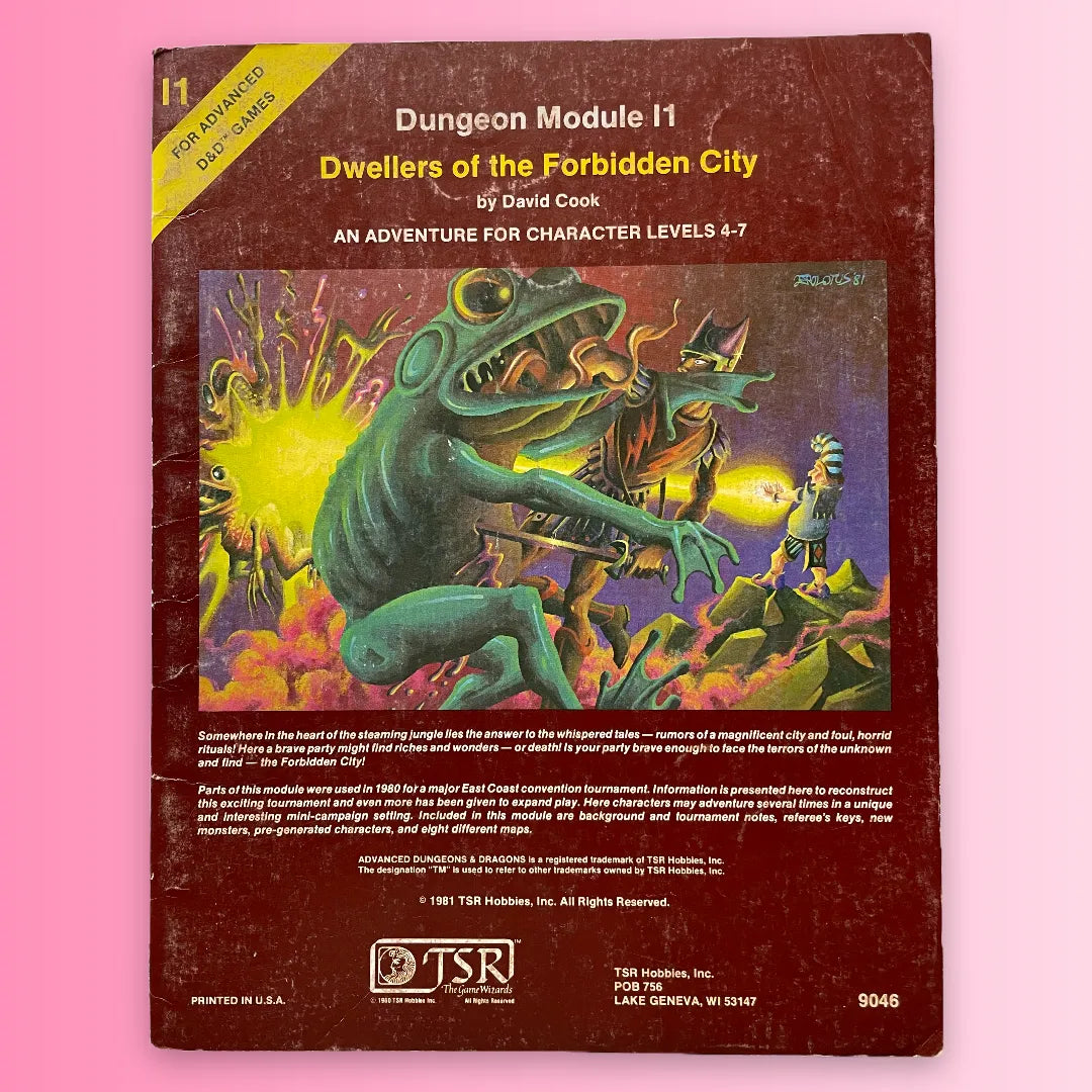 Vintage Dungeons & Dragons module cover with frog-like creature and character on a pink background