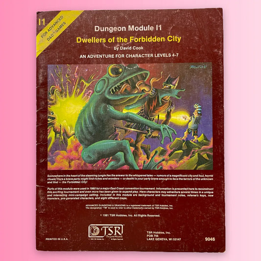 Vintage Dungeons & Dragons module cover with frog-like creature and character on a pink background